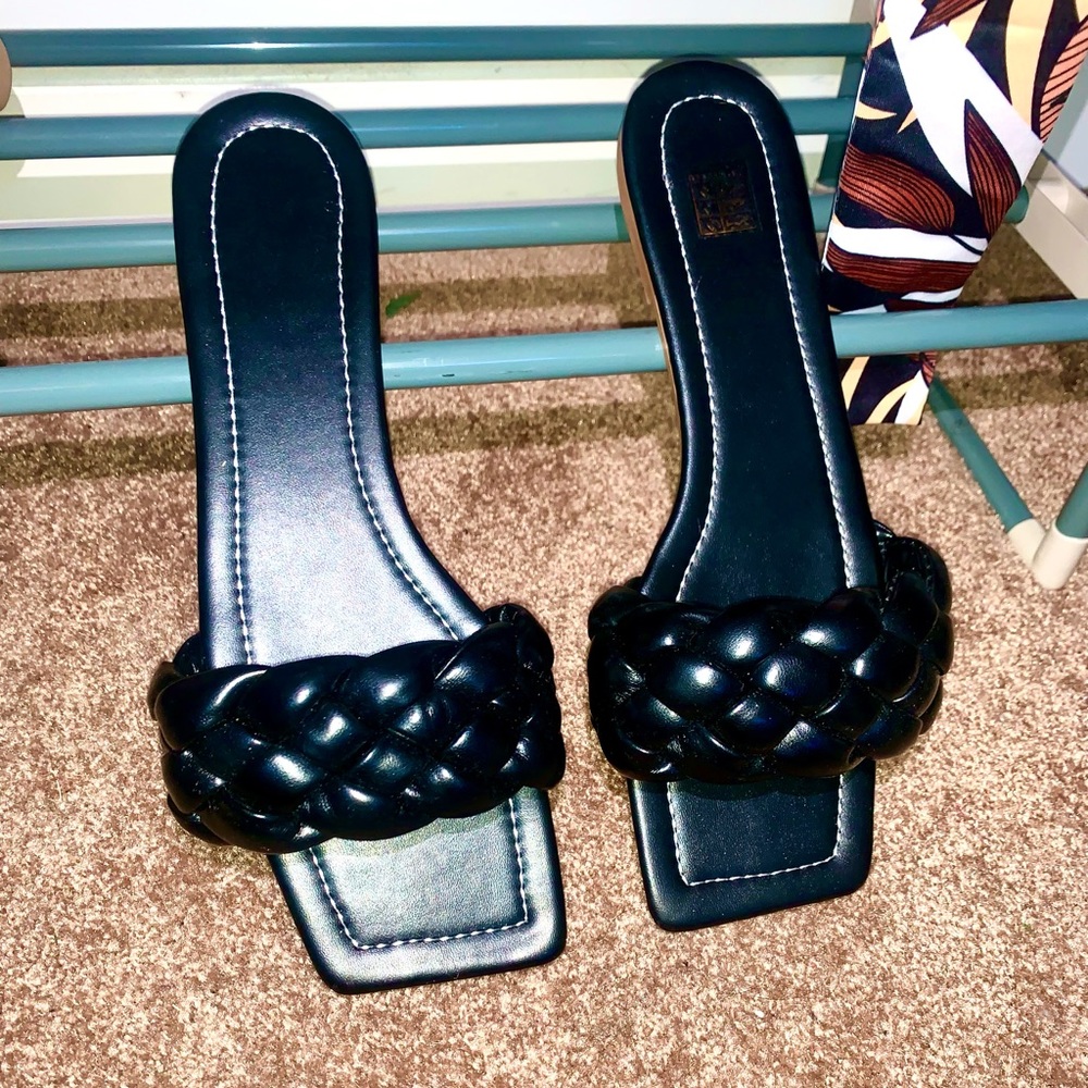 Flat Black Faux Leather Sandals